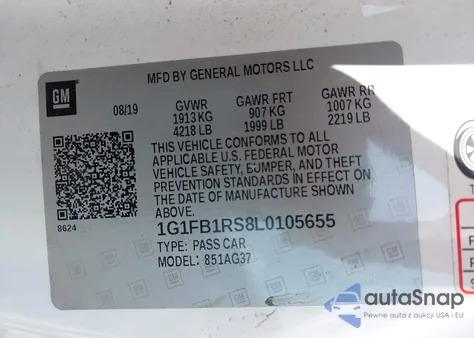 2020 Chevrolet Camaro Rwd 1Lt из США, поврежденный, VIN 1G1FB1RS8L0105655